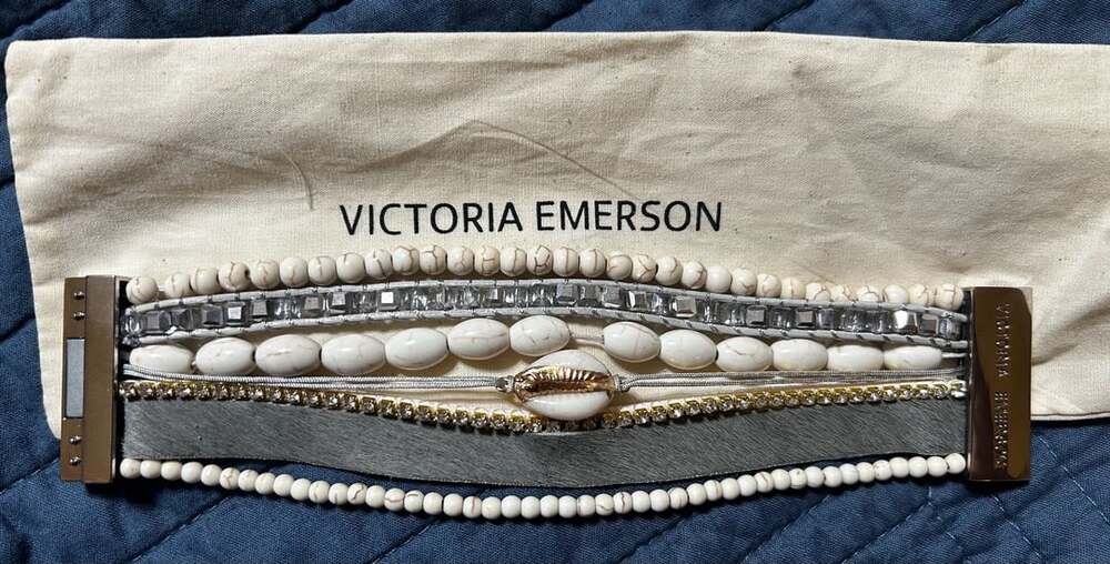 Victoria Emerson Boho Cuff Bracelet White Beads Shells Crystal Leather